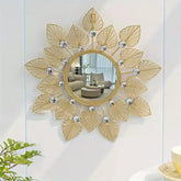 Golden Leaf Wall Mirror with Crystal Accents